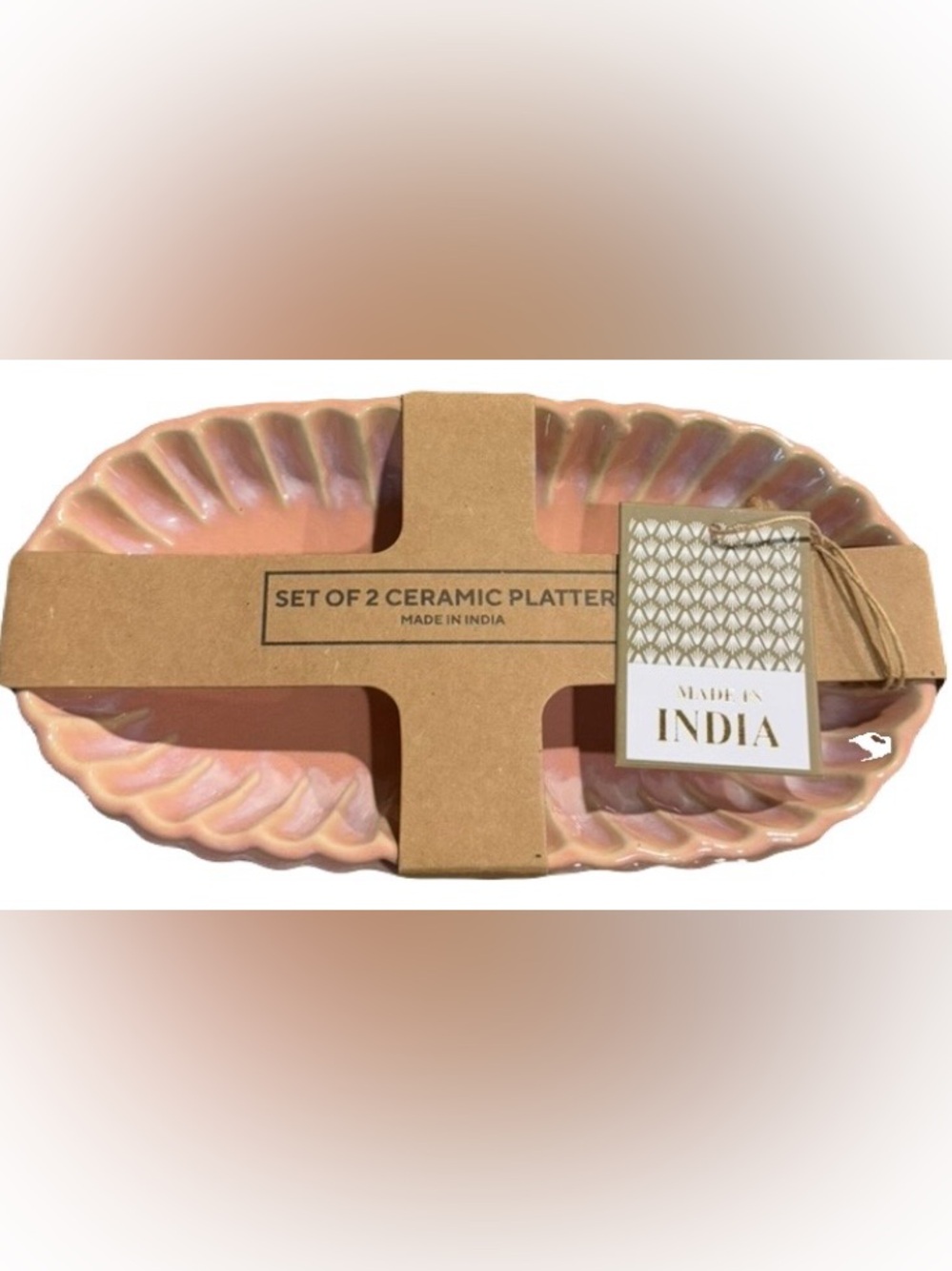MADE IN INDIA NWT 2pc scallop oval ceramic platters -pink